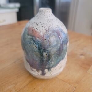Handmade Watercolor Splashed Art Pottery Mini Bud Vase Signed
